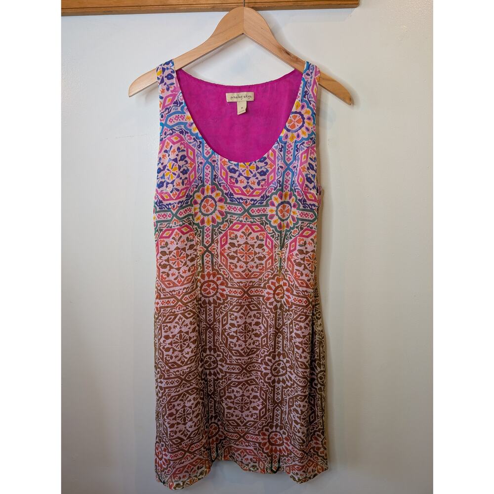 Presley Skye 100% Silk Medallion Print Ombre Shift Dress Pink Medium